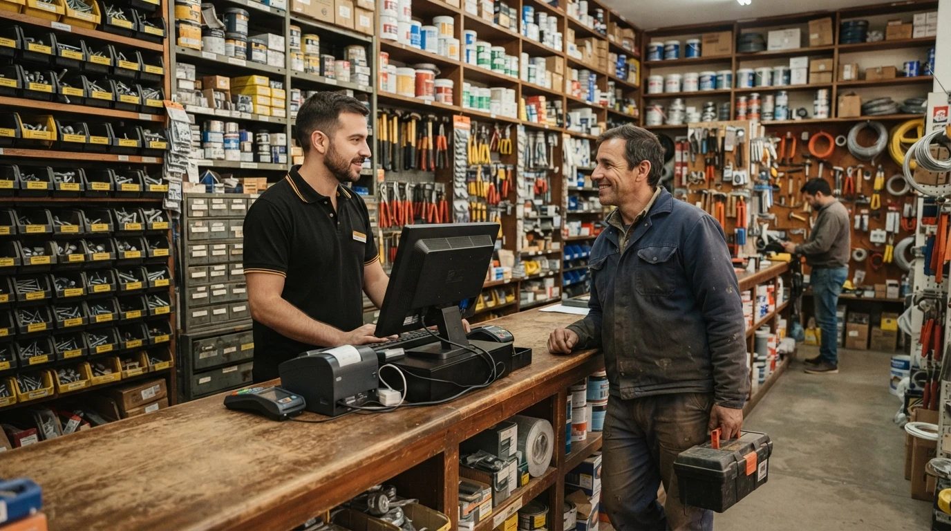 Ferretero atendiendo a un cliente en el mostrador con el sistema